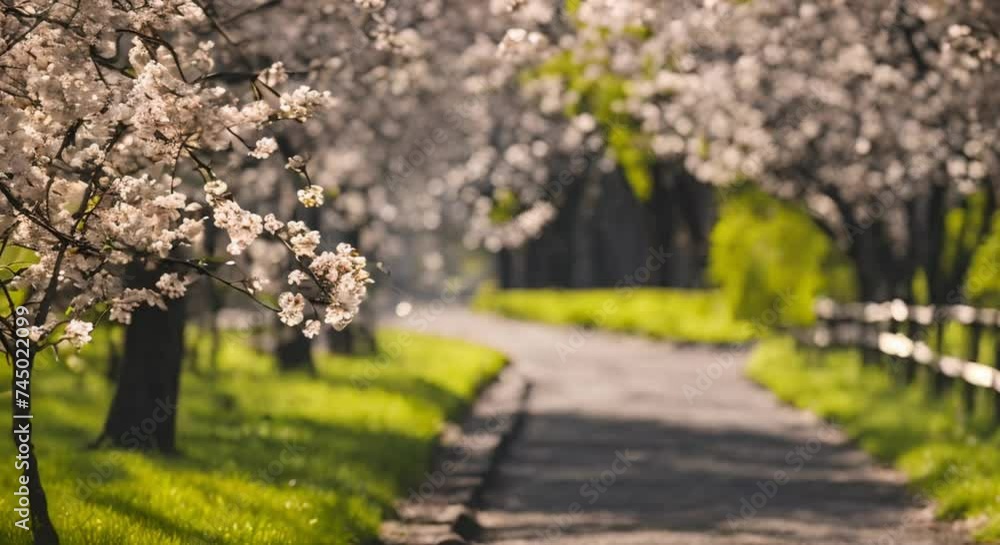 horizontal video of spring garden with flowering trees and road, flooded with sunlight, awakening of nature in spring, spring background with copyspace. Cherry blossoming alley. Wonderful scenic park horizontal video of spring garden with flowering trees and road, flooded with sunlight, awakening of nature in spring, spring background with copyspace. Cherry blossoming alley. Wonderful scenic park