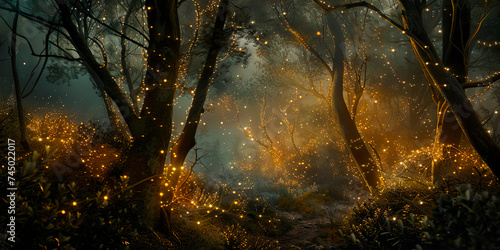 A fabulous night forest strewn with magical lights