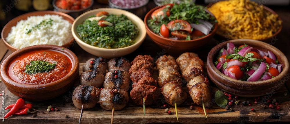 Meat Cooked On Coals And Various Snacks. Illustration On The Theme Of Nutrition And Health, Travel And Tourism. Generative AI Meat Cooked On Coals And Various Snacks. Illustration On The Theme Of Nutrition And Health, Travel And Tourism. Generative AI
