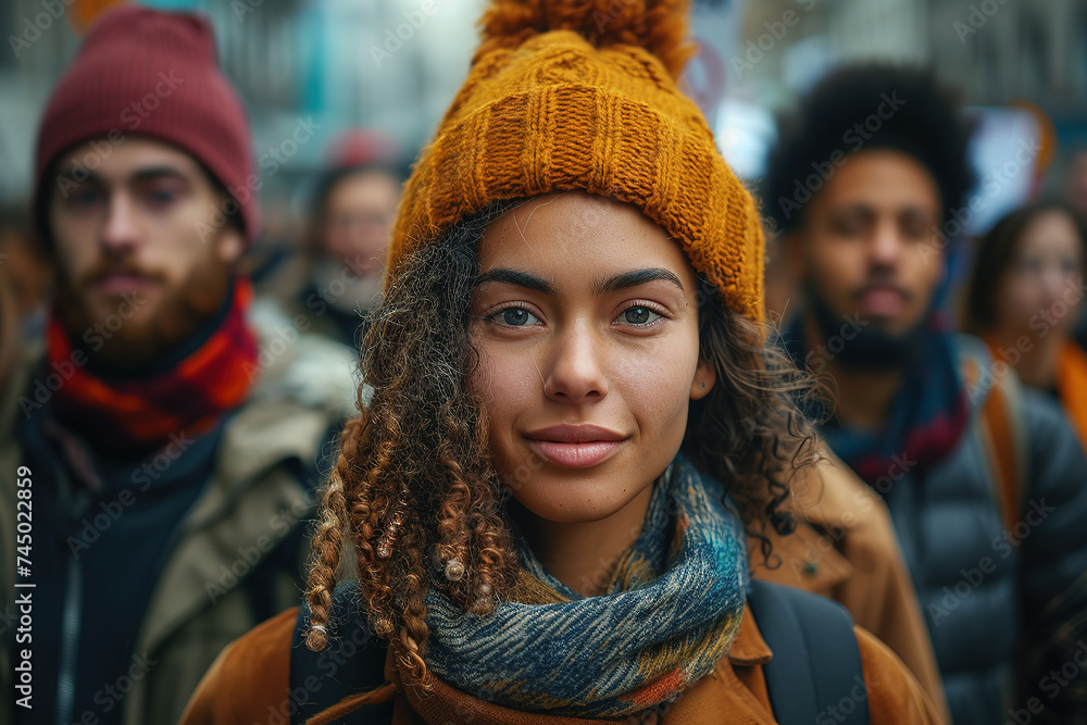A woman wearing a yellow beanie smiles. Confident standing in front of a group of people A woman wearing a yellow beanie smiles. Confident standing in front of a group of people