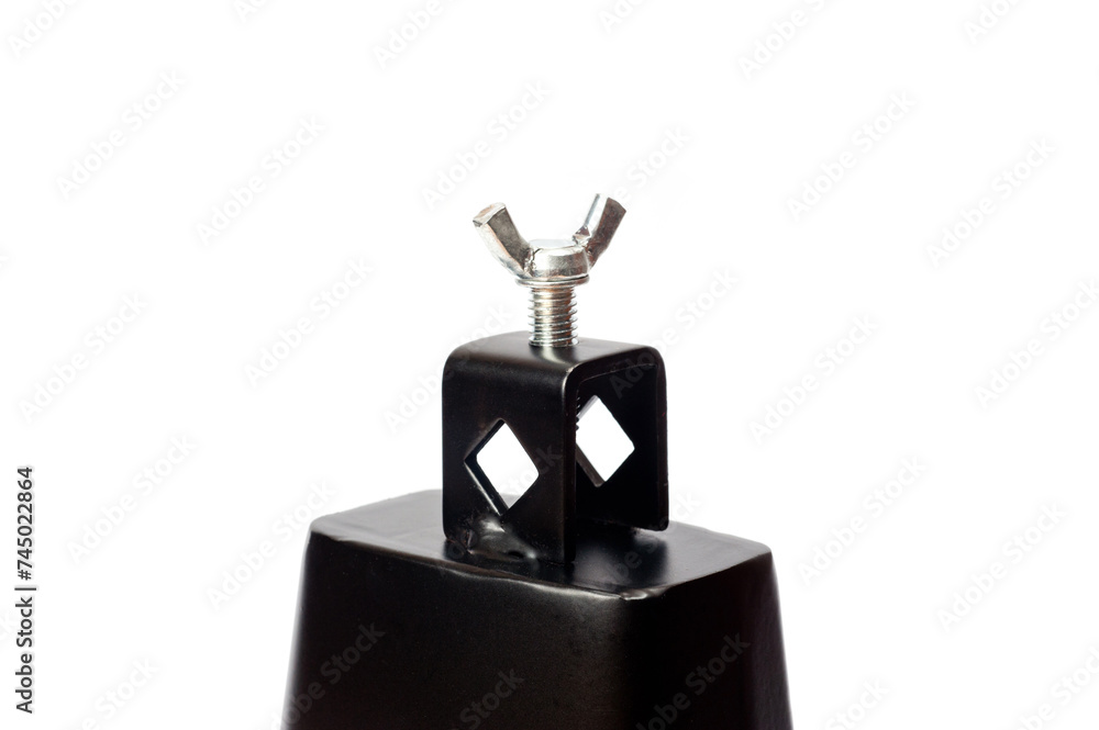 Cowbell percussion musical instrument, black metal with a wooden stick. Cowbell percussion musical instrument, black metal with a wooden stick.