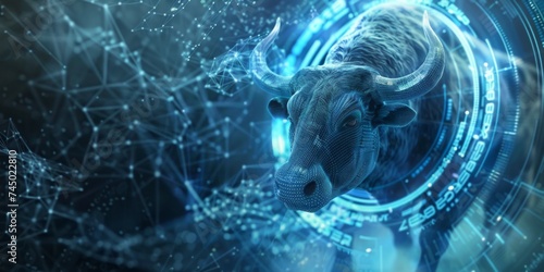Futuristic bull rendered in 3D stands amidst swirling quantum computing symbols a blend of power and technology