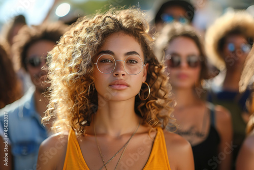 A fashionable woman wearing glasses and curly hair stands in front of a group of people.