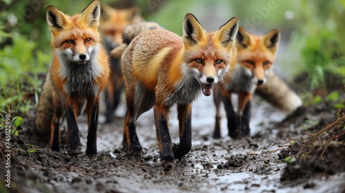 lively image of playful foxes frolicking in the mud, capturing their agile movements and bushy tails © Tina