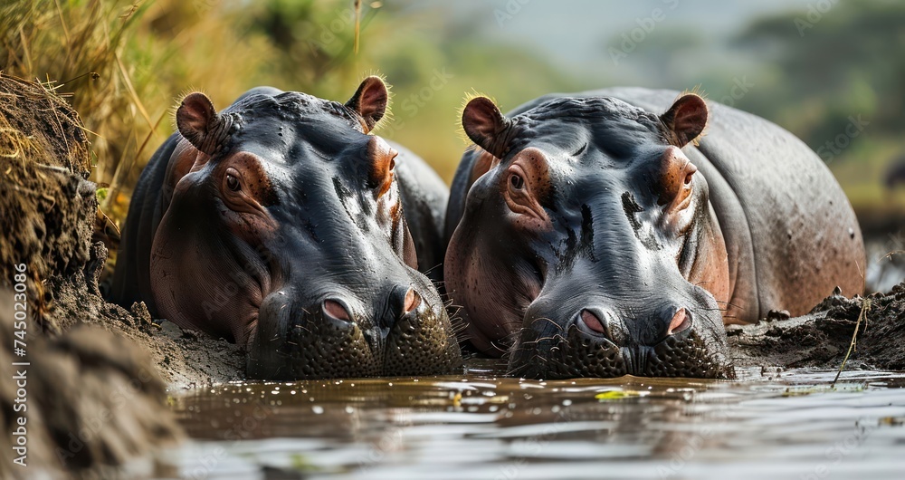 lively portrayal of hippos enjoying a mud pool, highlighting their submerged bodies and powerful yet playful movements lively portrayal of hippos enjoying a mud pool, highlighting their submerged bodies and powerful yet playful movements