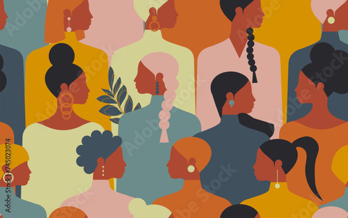 Women of different nationalities together form a seamless people pattern for textiles. Vector.