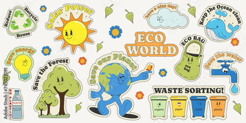 A set of "Eco World" stickers isolated on a white background.Eco friendly concept: no plastic, keep the ocean clean, save the planet, water, energy. Groovy vector illustration, eps10