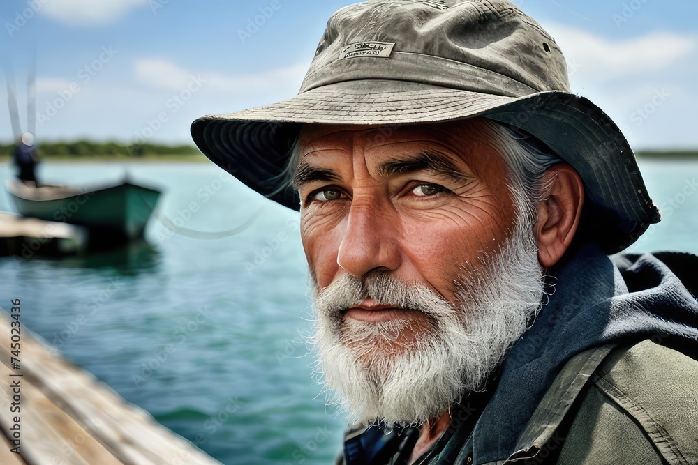 Portrait of an old man with a white beard and mustache on a boat pier. Fisherman. Portrait of an old man with a white beard and mustache on a boat pier. Fisherman.