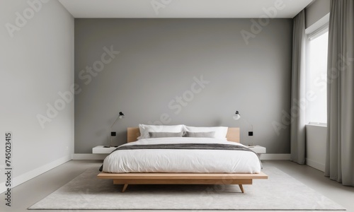 architecture photography of A minimalist bedroom with a simple white bed and gray walls