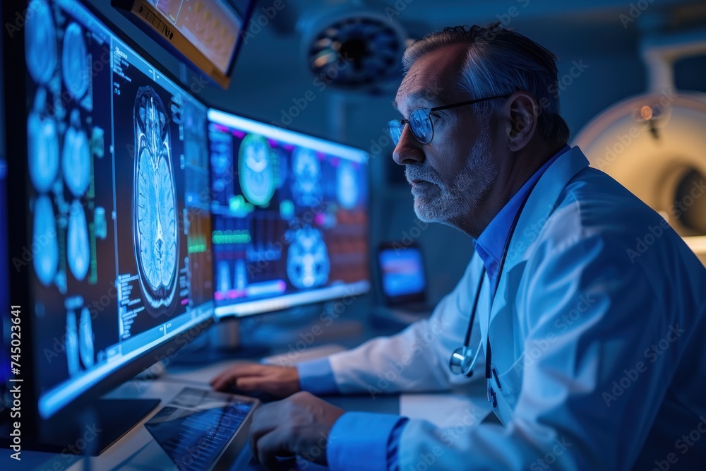 A focused male doctor analyzes medical data on a futuristic transparent digital interface, representing advanced healthcare technology. A focused male doctor analyzes medical data on a futuristic transparent digital interface, representing advanced healthcare technology.