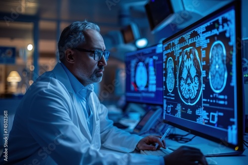 A focused male doctor analyzes medical data on a futuristic transparent digital interface, representing advanced healthcare technology.