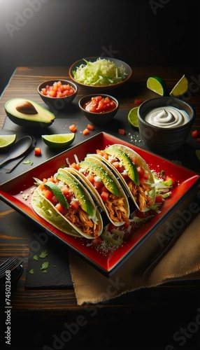 Cheesy Chicken Tacos on Modern Red Plate photo