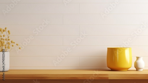 A modern and stylish composition with a textured white vase holding dried flowers next to a bold yellow vase on a wooden surface, all set against a clean, horizontal-lined wall.