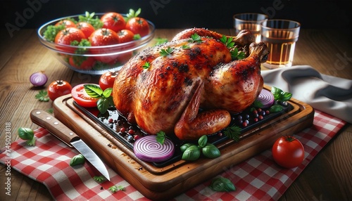 Homestyle Roast Chicken with Fresh Salad on Tablecloth photo