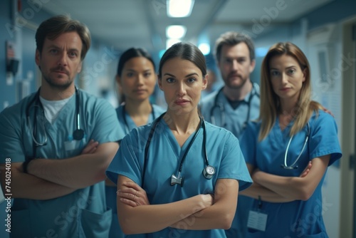 A diverse and confident team of healthcare professionals standing together in a hospital hallway, ready to assist.