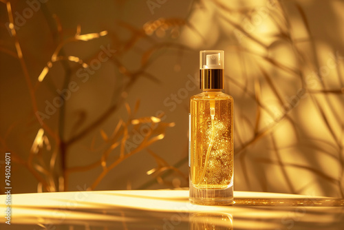 Bottle of a perfume isolated on a shiny golden background