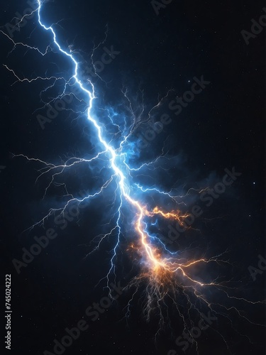 Blue electric thunder with sparks and embers on dark outer space cosmos background from Generative AI