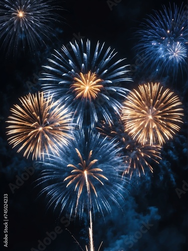 Blue fireworks display on dark night sky background from Generative AI