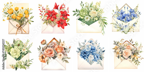 Fototapeta Naklejka Na Ścianę i Meble -  flower envelope for wedding graphics watercolor on isolated background, generated ai