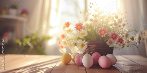 Easter table with colored Easter eggs indoor at home, Easter card. space for text
