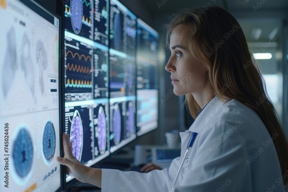 A focused female medical professional reviews detailed brain scans on advanced monitors in a high-tech laboratory.