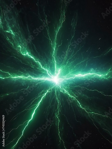 Green electric thunder with sparks and embers on dark outer space cosmos background from Generative AI