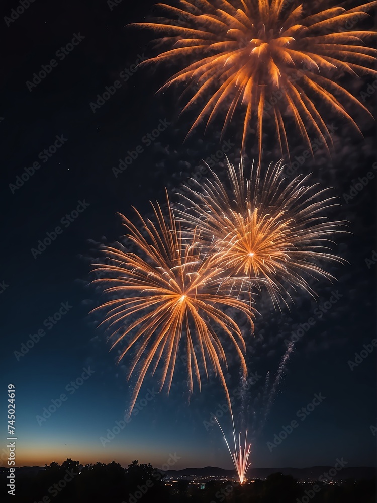 Orange fireworks display on dark night sky background from Generative AI