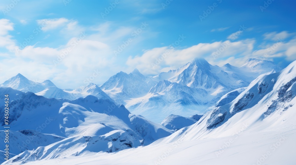 High mountains covered with white snow Amidst the bright blue sky It represents the purity and perfection of nature.