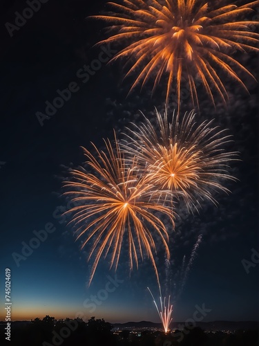 Orange fireworks display on dark night sky background from Generative AI