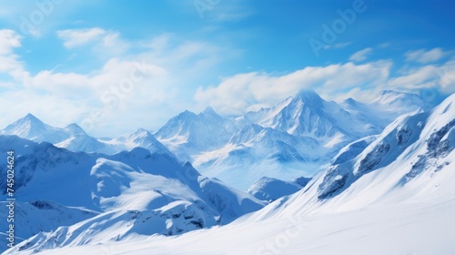 High mountains covered with white snow Amidst the bright blue sky It represents the purity and perfection of nature. © venusvi