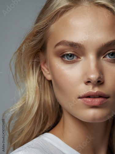 Portrait of blonde beautiful model with natural features and clear face, treatment skin care make up ad concept from Generative AI