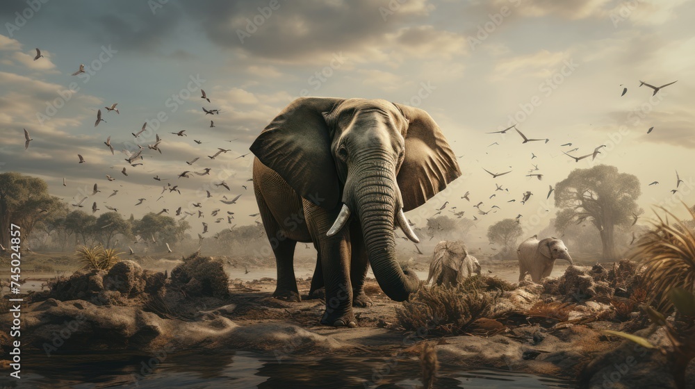 Condition of wild elephants and wildlife and water sources Natural disasters reflect the dire consequences of destroying nature. loss that cannot be repaired - obrazy, fototapety, plakaty 