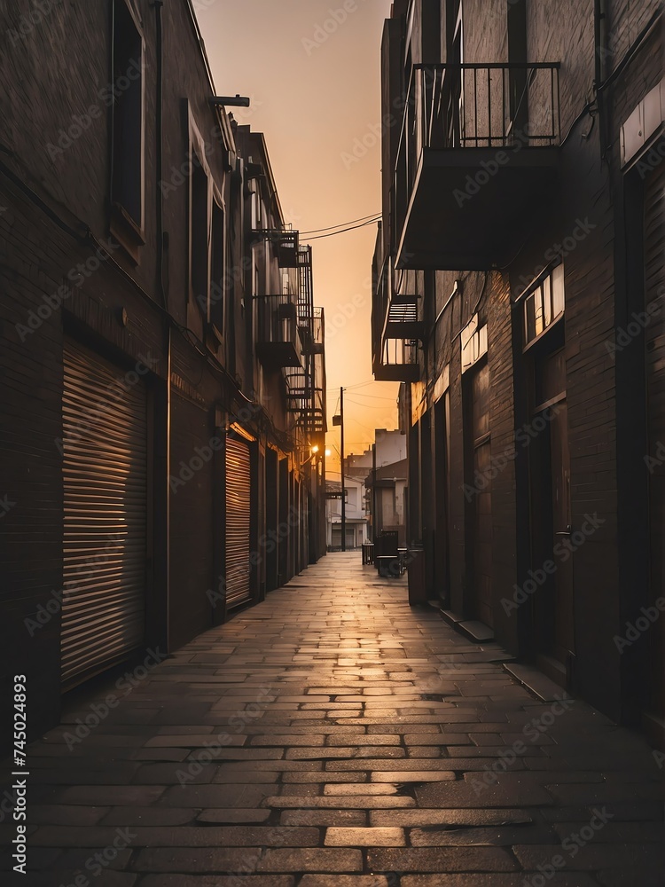 Walkway at a noir city back alley at sunset from Generative AI