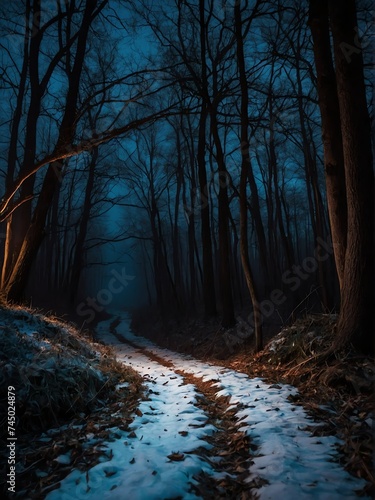 Scary pathway at a forest on halloween at winter night from Generative AI