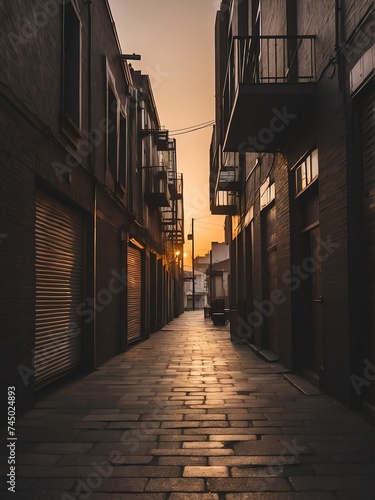 Walkway at a noir city back alley at sunset from Generative AI