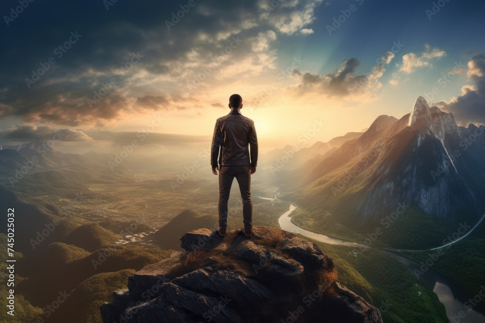 The entrepreneur is standing on the mountain top. Look at the beautiful scenery inspiration An entrepreneur who never stops Dream of success and inspire others. 