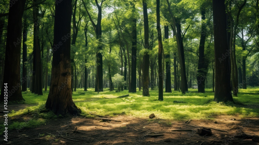 Naklejka premium forest is lush, green and full of large trees. It means shady. and abundance
