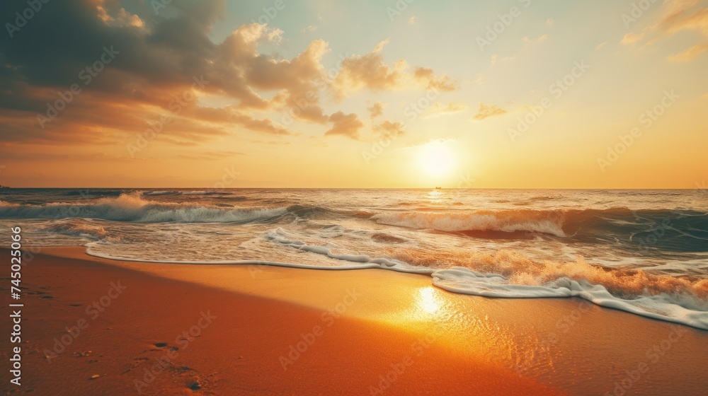 evening sun shines on the beach. beautiful golden sky Indescribably romantic
