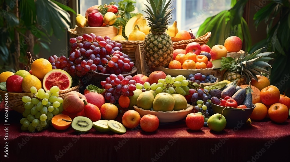 Various types of fresh fruit are arranged on the table. It symbolizes abundance and brightness.