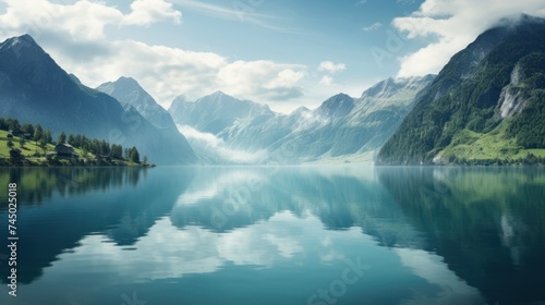 The clear blue lake reflects the towering mountains. The atmosphere is quiet. Like heaven on earth