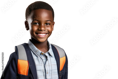 a high quality stock photograph of a single happy african school boy full body isolated on a white background