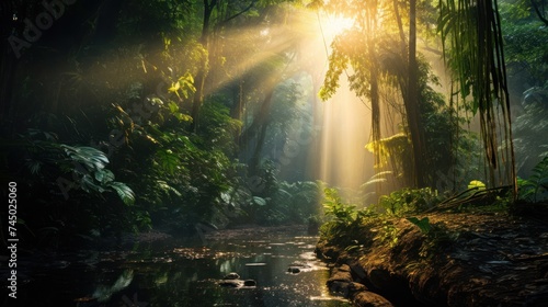 morning sun shines through the lush rainforest. Reflects the beauty of nature like a painting. © venusvi