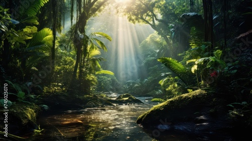 morning sun shines through the lush rainforest. Reflects the beauty of nature like a painting.