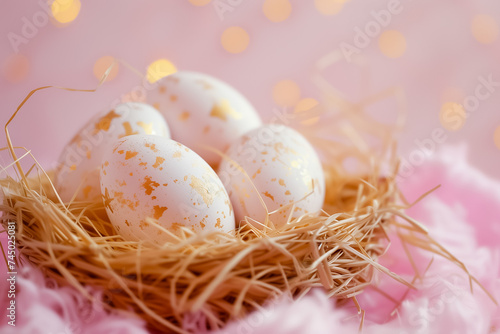 gold decorated white Easter eggs in wicker basket close-up on pink background. Easter card