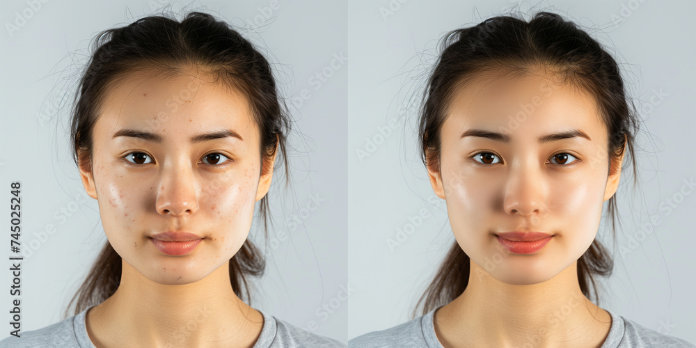 close-up headshot of an Asian woman model with acne problem, red spots, acne scars. compare skin before and after treatment for skin clinic advertisers or skincare product promotion close-up headshot of an Asian woman model with acne problem, red spots, acne scars. compare skin before and after treatment for skin clinic advertisers or skincare product promotion