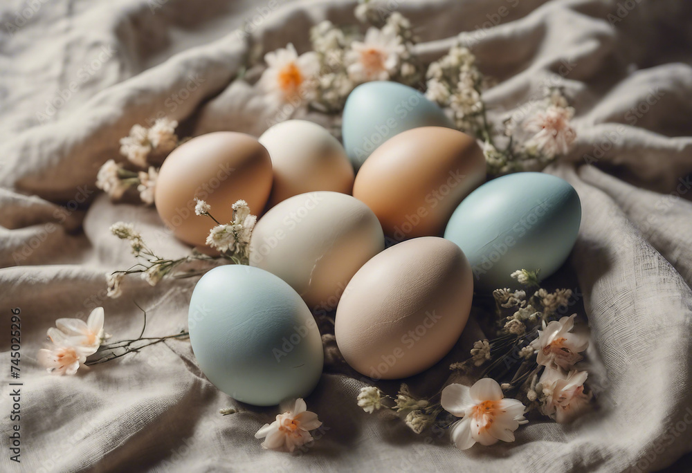 Easter eggs with natural flowers decor on linen background Zero Waste Easter Concept in neutral colo Easter eggs with natural flowers decor on linen background Zero Waste Easter Concept in neutral colo