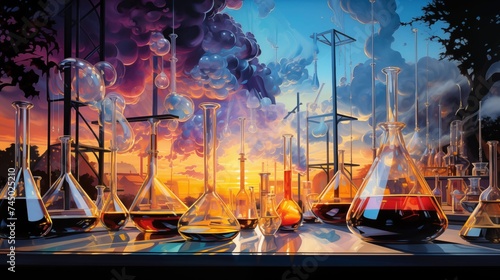 medical pharmaceutical research experiment concept, featuring a dynamic composition of laboratory elements against a carefully chosen backdrop, highlighted by symbolic representations