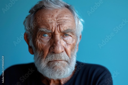 Sad old man in depression on plain background