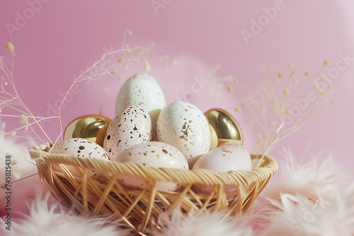 gold decorated white Easter eggs in wicker basket close-up on pink background. Easter card