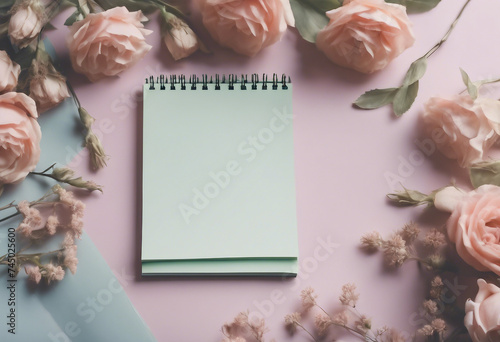 Empty Notepad and floral frame in pastel colors Romantic concept boho style